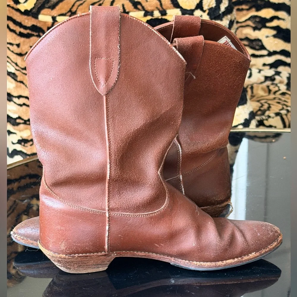 Vintage 1970s-80s Brown Leather Cowboy Boots Perfect Patina - Picture 3 of 6